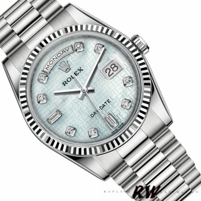 Replica Rolex Day-Date 118239 Mother of Pearl White Dial Fluted Bezel 36mm Unisex Watch
