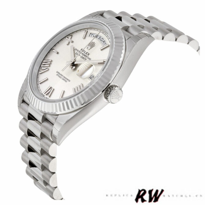 Replica Rolex Day-Date 228239 Silver Quadrant Motif Roman Dial Fluted Bezel 40mm Mens Watch