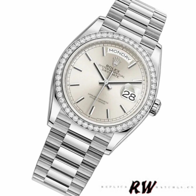 Replica Rolex Day-Date 128349RBR White Roman Dial Diamond Bezel 36MM Unisex Watch