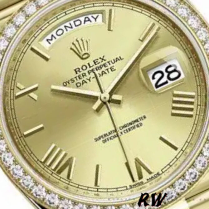 Replica Rolex Day-Date 228398TBR Champagne Roman Numeral Dial Diamond Bezel 40mm Mens Watch