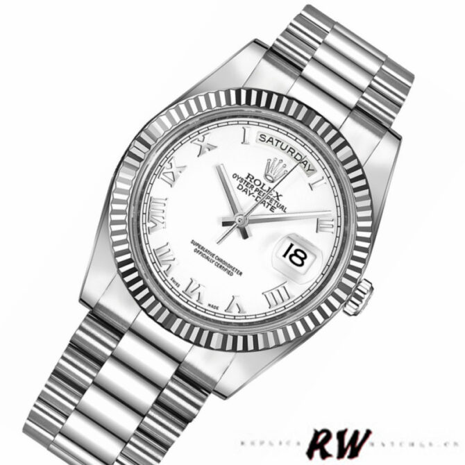 Replica Rolex Day-Date 218239 White Roman Numerals Dial White Gold 41MM Mens Watch