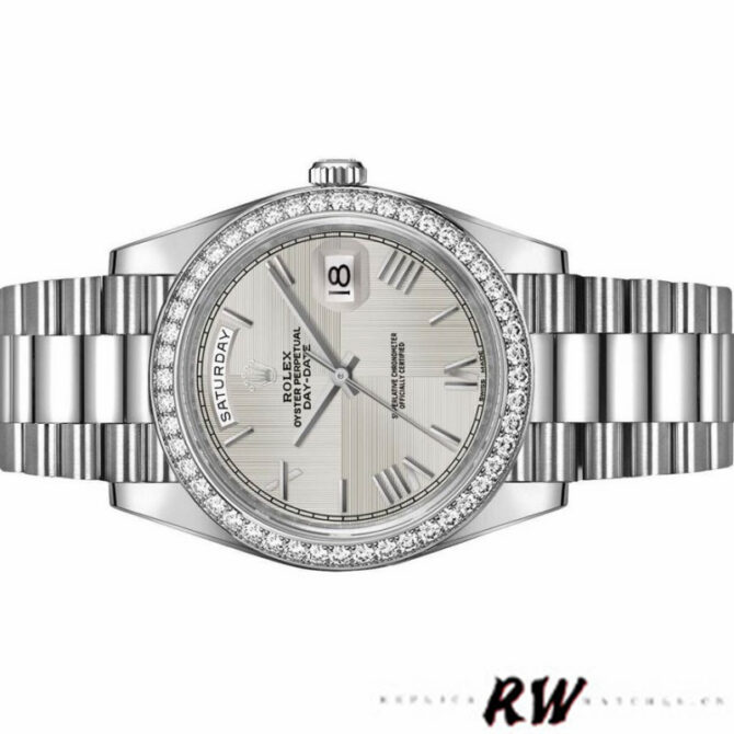 Replica Rolex Day-Date 228398TBR Silver Diagonal Motif Dial Diamond Bezel 40mm Mens Watch