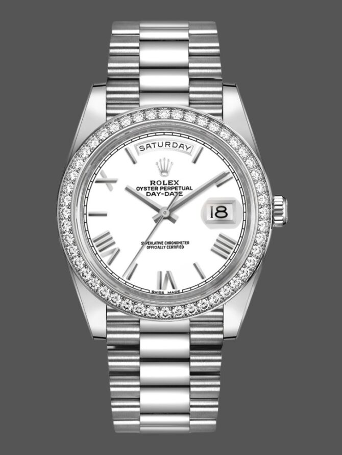 Replica Rolex Day-Date 228398TBR Silver Diagonal Motif Dial Diamond Bezel 40mm Mens Watch