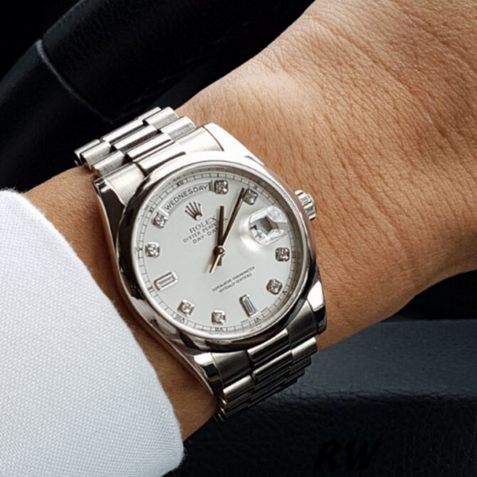 Replica Rolex Day-Date 118209 White Gold Silver Diamond Dial Automatic 36mm Unisex Watch