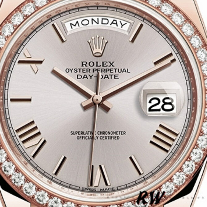 Replica Rolex Day-Date 228239 Diamond Paved Dial Fluted Bezel 40mm Mens Watch