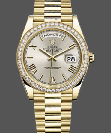 Replica Rolex Day-Date 228348RBR Silver Roman Dial Diamond Bezel 40mm Mens Watch