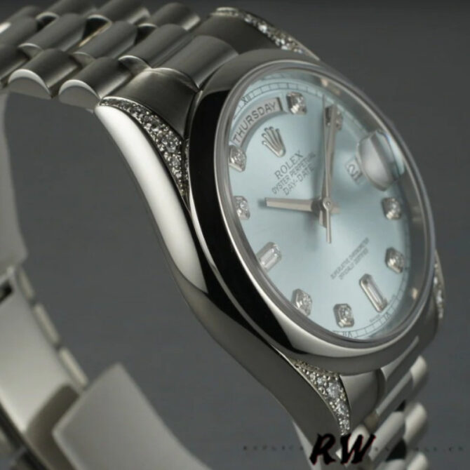 Replica Rolex Day-Date 118296 Platinum Ice Blue Dial Diamond 36mm Unisex Watch