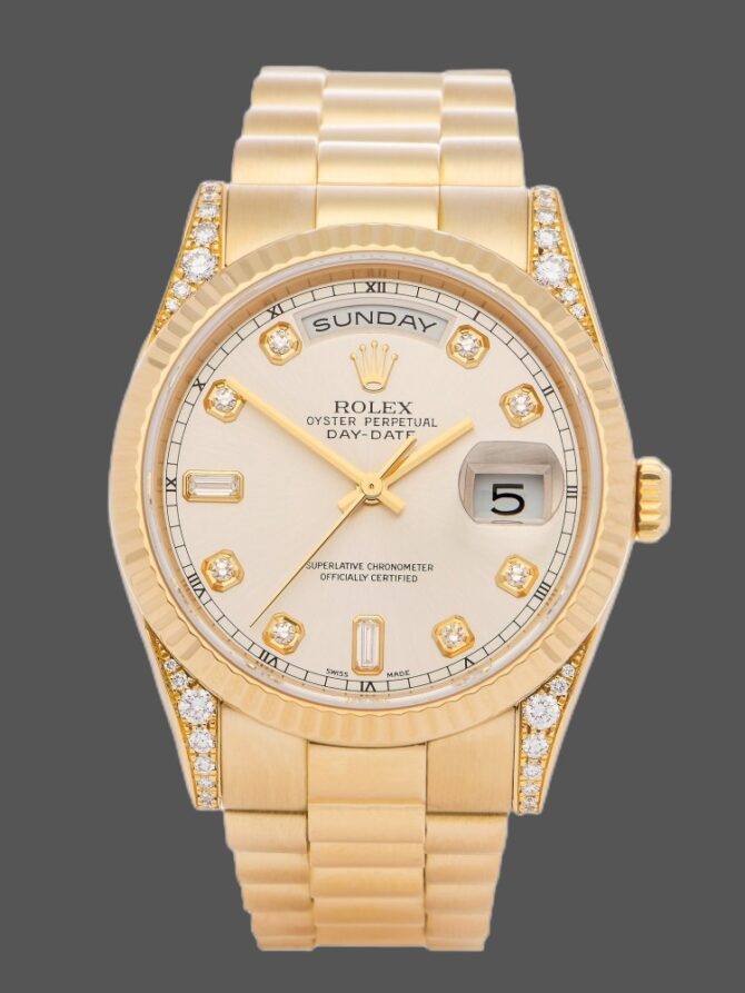 Replica Rolex Day-Date 118338 Yellow gold Silver dial 36mm Unisex Watch