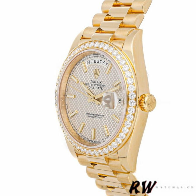 Replica Rolex Day-Date 228348RBR Black Diagonal Motif Dial Diamond Bezel 40mm Mens Watch