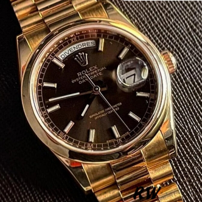 Replica Rolex Day-Date 118205 Rose Gold Champagne Diamond Dial 36mm Unisex Watch