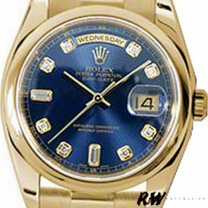 Replica Rolex Day-Date 118208 Yellow Gold Blue Diamond Dial 36mm Unisex Watch