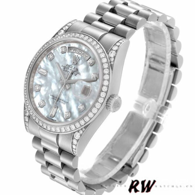Replica Rolex Day-Date 118389 Diamond Bezel MOP White Dial 36MM Unisex Watch