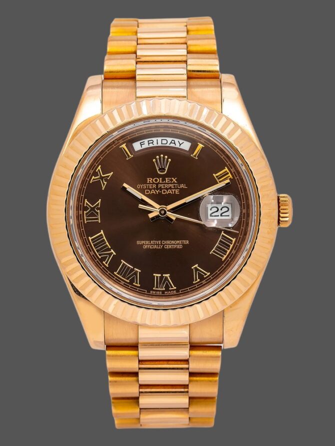 Replica Rolex Day-Date 218235 Chocolate Brown Dial Rose Gold 41MM Mens Watch