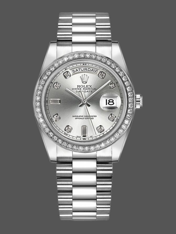 Replica Rolex Day Date 118346 Silver Dial Diamond 36mm Unisex Watch