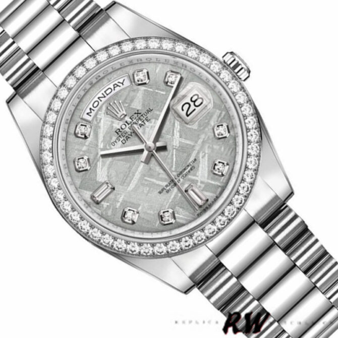 Replica Rolex Day Date 118346 Platinum Diamond Bezel Meteorite Dial 36mm Unisex Watch