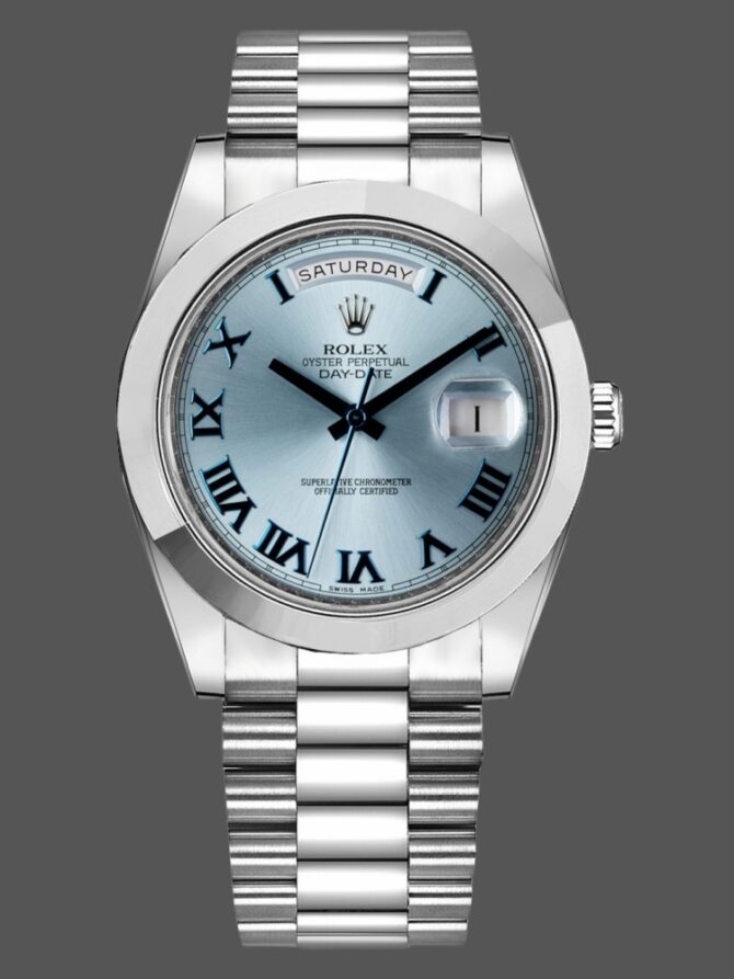 Replica Rolex Day-Date 218206 Ice Blue Roman Numeral Dial Platinum 41MM Mens Watch