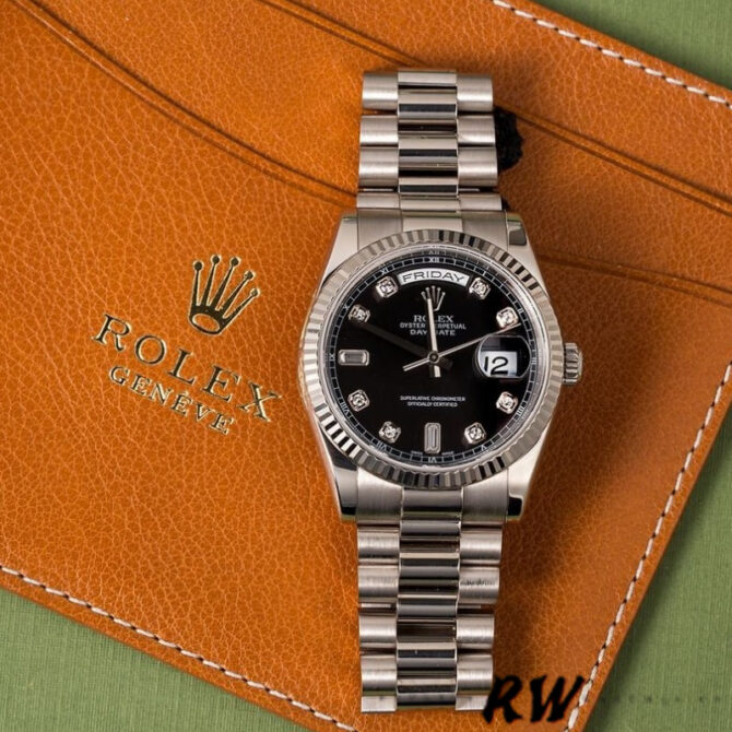 Replica Rolex Day-Date 118239 Black Diamonds Dial Fluted Bezel 36mm Unisex Watch