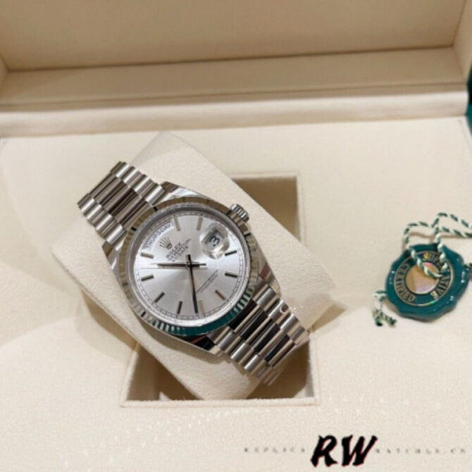 Replica Rolex Day-Date 128239 0005 White Gold Silver Index Dial 36MM Unisex Watch