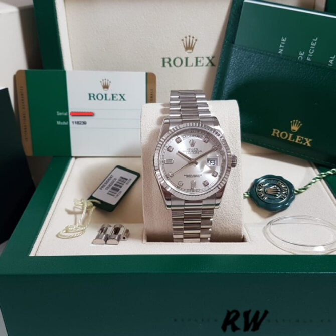 Replica Rolex Day-Date 118338 Yellow gold Silver dial 36mm Unisex Watch