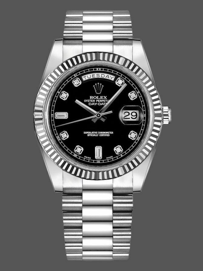 Replica Rolex Day-Date 218239 Diamond Black Dial White Gold 41MM Mens Watch