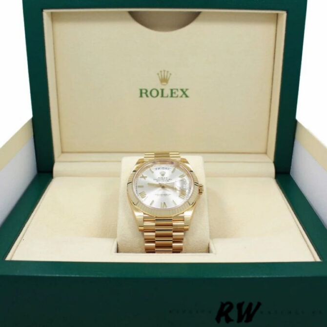 Replica Rolex Day-Date 228238 Black Diamond Dial Fluted Bezel 40mm Mens Watch