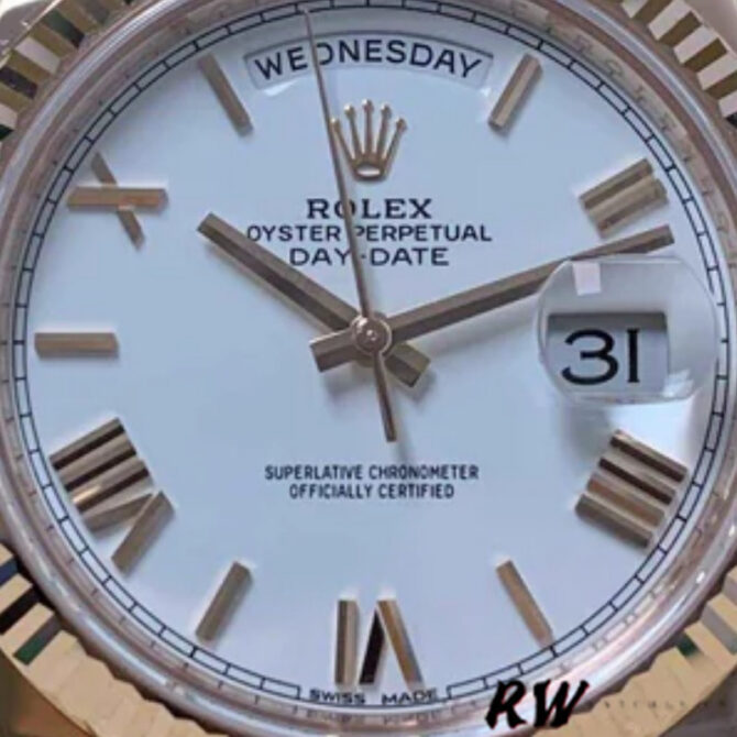 Replica Rolex Day-Date 228235 White Roman Numeral Dial Fluted Bezel 40mm Mens Watch