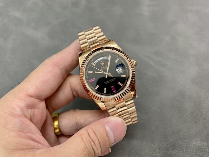Replica Rolex Day-Date 218235 Diamonds and Rubies Black Dial Rose Gold 41MM Mens Watch