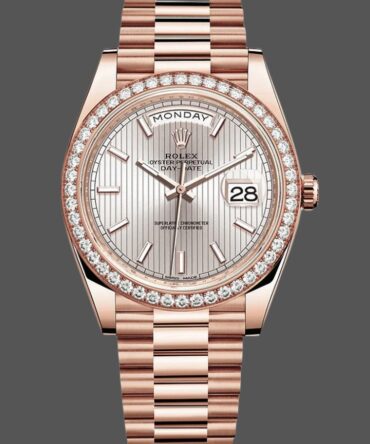 Replica Rolex Day-Date 228345RBR Sundust Stripe Motif Dial Diamond Bezel 40mm Mens Watch