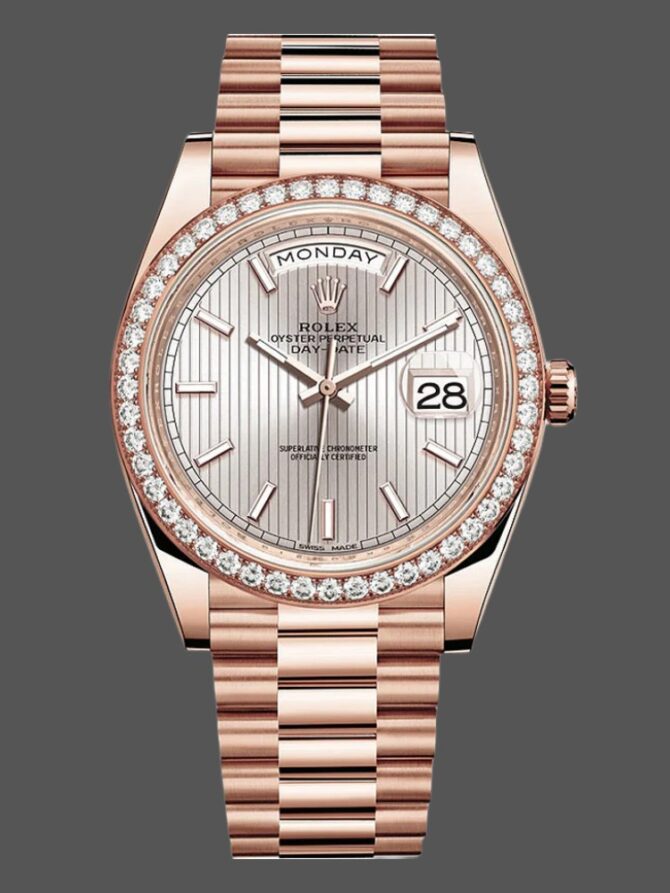Replica Rolex Day-Date 228345RBR Sundust Stripe Motif Dial Diamond Bezel 40mm Mens Watch