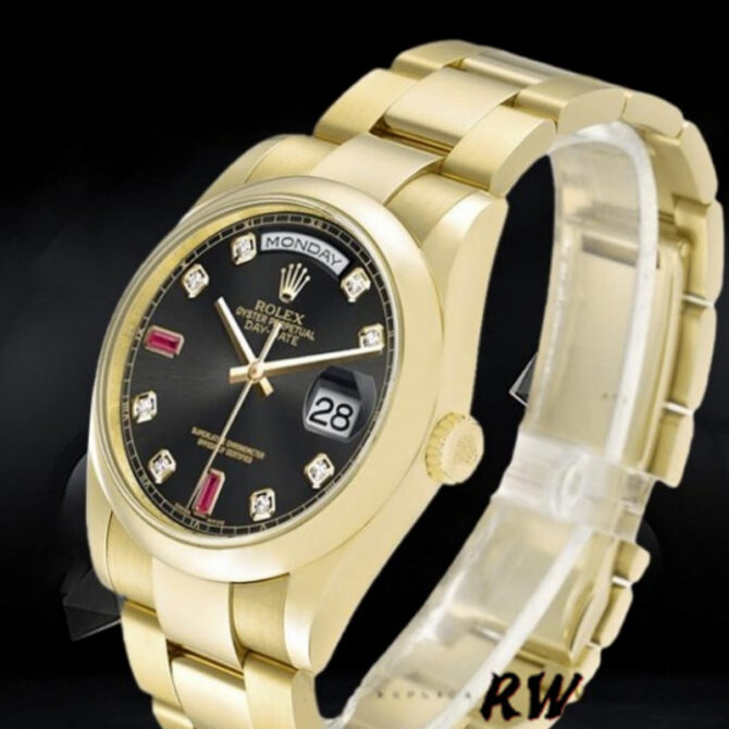 Replica Rolex Day-Date 118208 Black Diamond Dial Yellow Gold case 36mm Unisex Watch