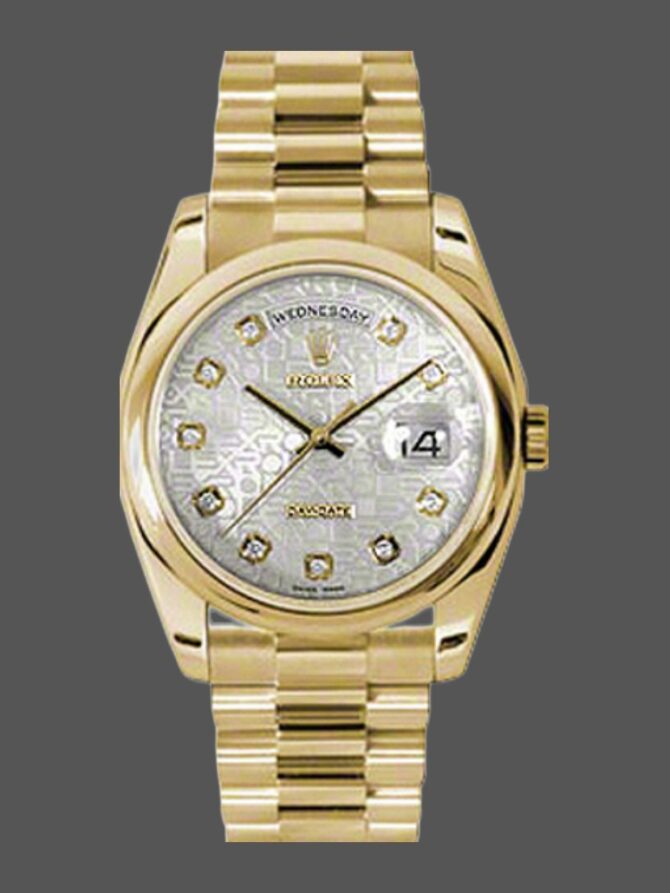 Replica Rolex Day-Date 118208 Silver Diamond Jubilee Dial Yellow Gold 36mm Unisex Watch