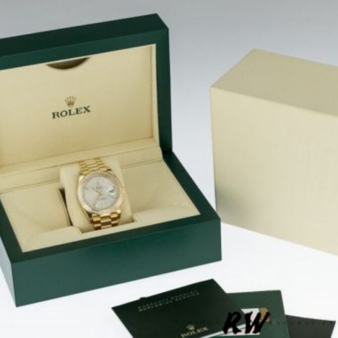 Replica Rolex Day-Date 228398TBR Silver Diagonal Motif Dial Diamond Bezel 40mm Mens Watch