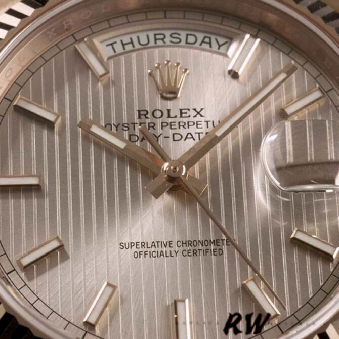 Replica Rolex Day-Date 228235 Sundust Stripe Motif Dial Fluted Bezel 40mm Mens Watch