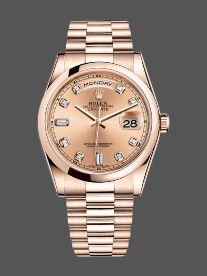 Replica Rolex Day-Date 118205 Rose Gold Champagne Diamond Dial 36mm Unisex Watch