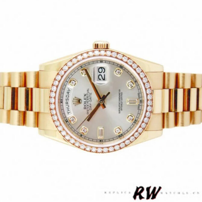 Replica Rolex Day-Date 118348 Silver Diamond Dial 36mm Unisex Watch