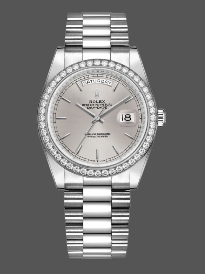 Replica Rolex Day-Date 128349RBR White Roman Dial Diamond Bezel 36MM Unisex Watch