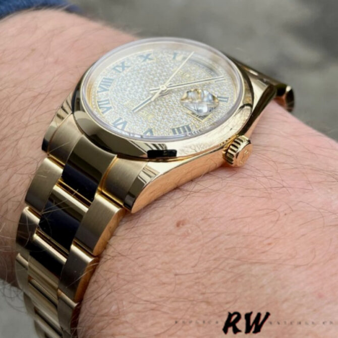 Replica Rolex Day-Date 118238 Yellow Gold Pave diamond dial 36mm Unisex Watch