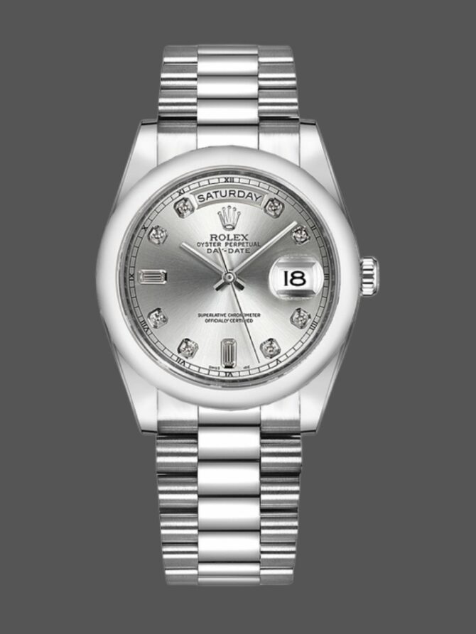 Replica Rolex Day-Date 118206 Silver Diamond Dial Platinum 36mm Unisex Watch