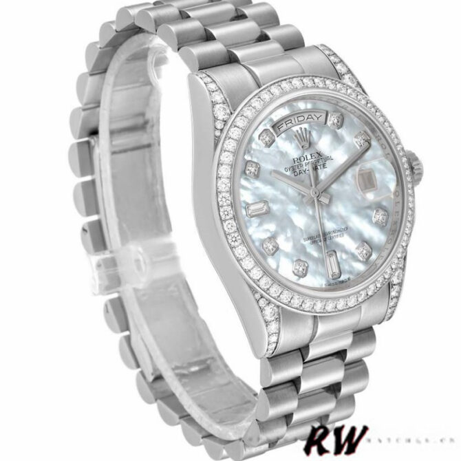 Replica Rolex Day-Date 118389 Diamond Bezel MOP White Dial 36MM Unisex Watch