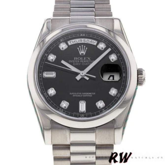 Replica Rolex Day-Date 118209 Black dial white gold 36mm Unisex Watch