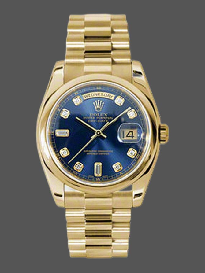 Replica Rolex Day-Date 118208 Yellow Gold Blue Diamond Dial 36mm Unisex Watch