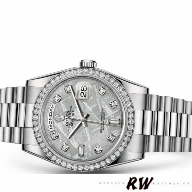 Replica Rolex Day Date 118346 Platinum Diamond Bezel Meteorite Dial 36mm Unisex Watch