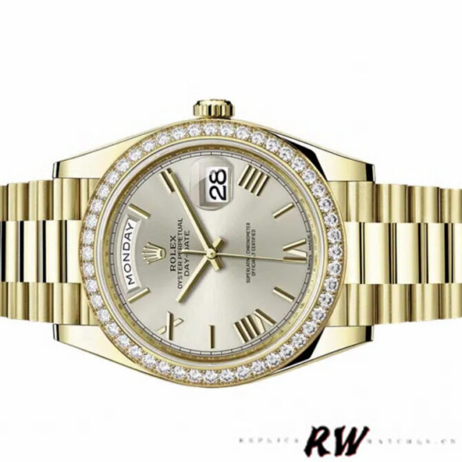 Replica Rolex Day-Date 228348RBR Silver Roman Dial Diamond Bezel 40mm Mens Watch