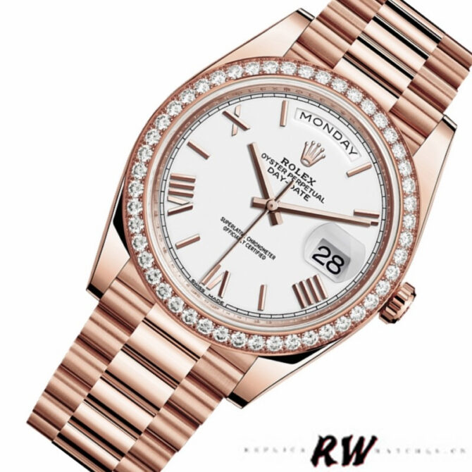 Replica Rolex Day-Date 228348RBR Champagne Roman Dial Diamond Bezel 40mm Mens Watch