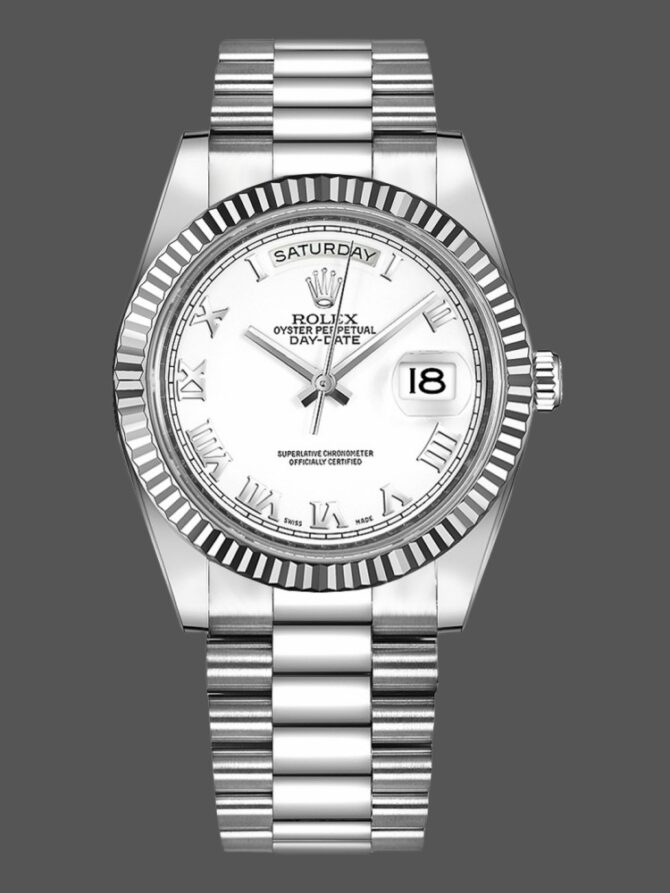 Replica Rolex Day-Date 218239 White Roman Numerals Dial White Gold 41MM Mens Watch