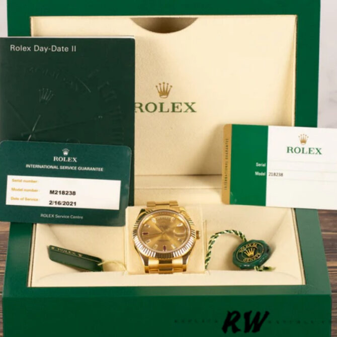 Replica Rolex Day-Date 218238 Champagne Ruby Dial Yellow Gold 41MM Mens Watch