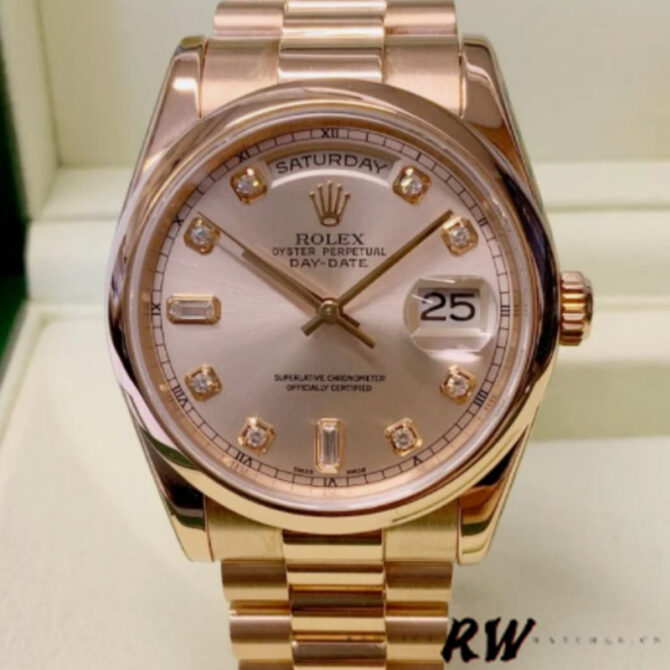 Replica Rolex Day-Date 118205 Rose Gold Champagne Diamond Dial 36mm Unisex Watch