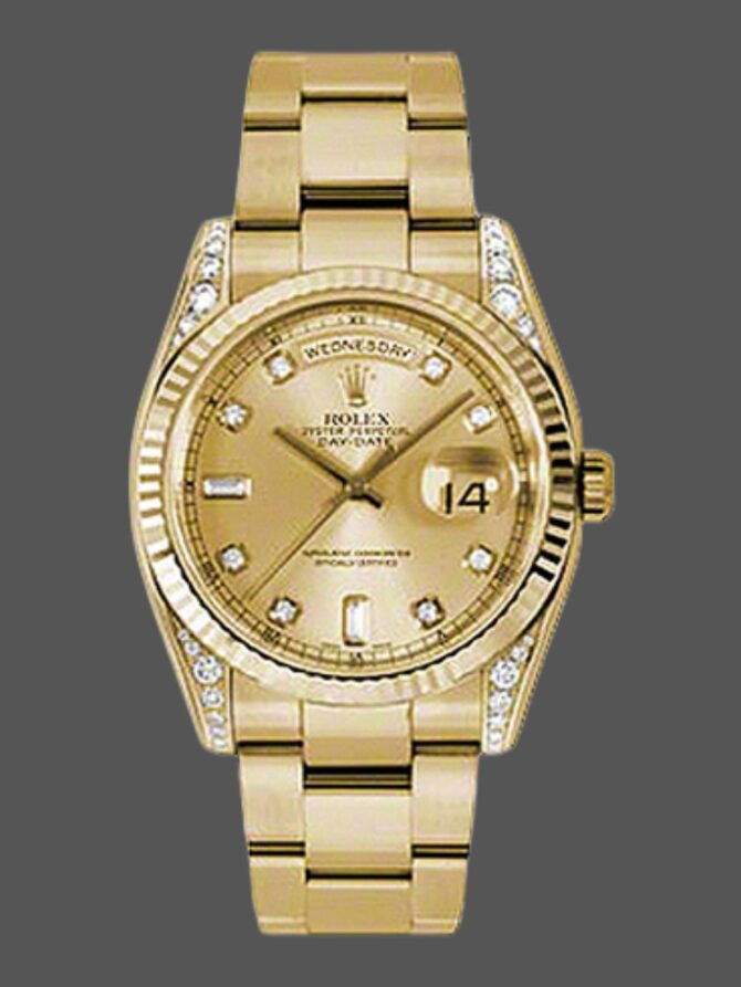 Replica Rolex Day-Date 118338 Champagne Diamonds Dial 36mm Unisex Watch