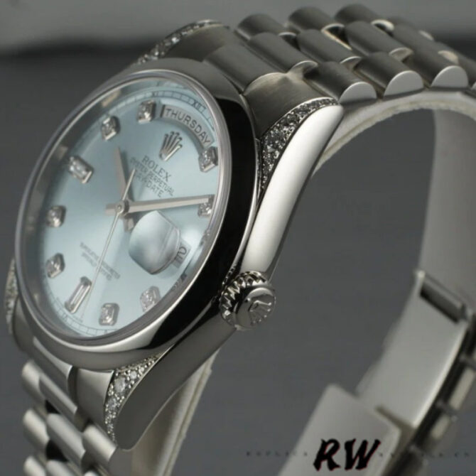 Replica Rolex Day-Date 118296 Platinum Ice Blue Dial Diamond 36mm Unisex Watch
