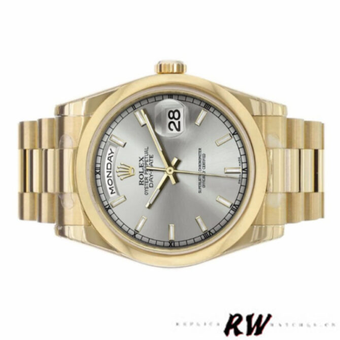 Replica Rolex Day-Date 118208 Silver Dial Domed Bezel 36mm Unisex Watch